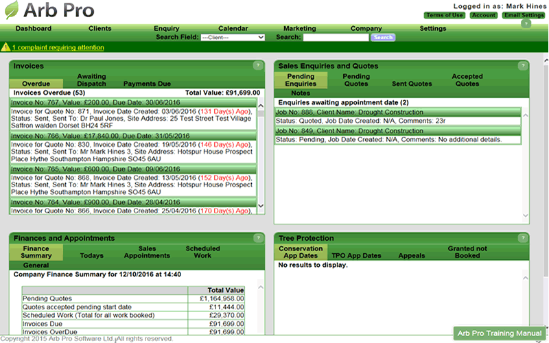 Trades Pro Office dashboard screen