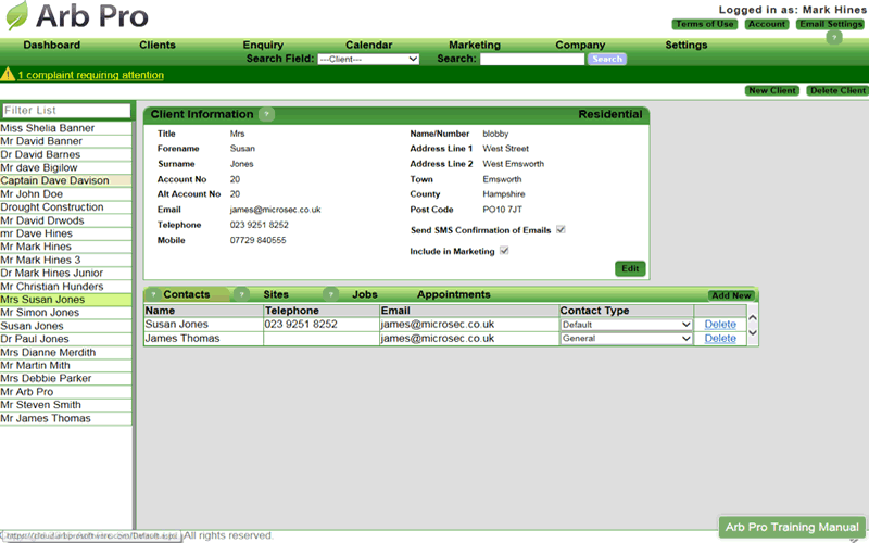 Trades Pro Office managing client data screen
