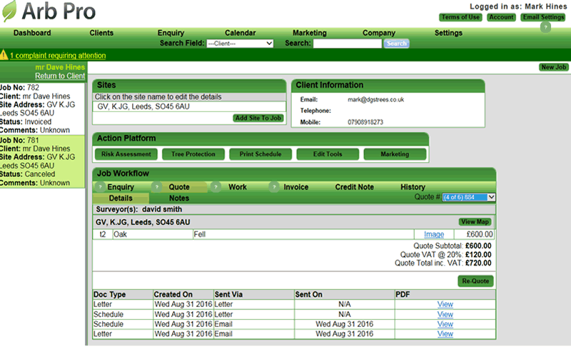 Trades Pro Office quotes and invoices screen