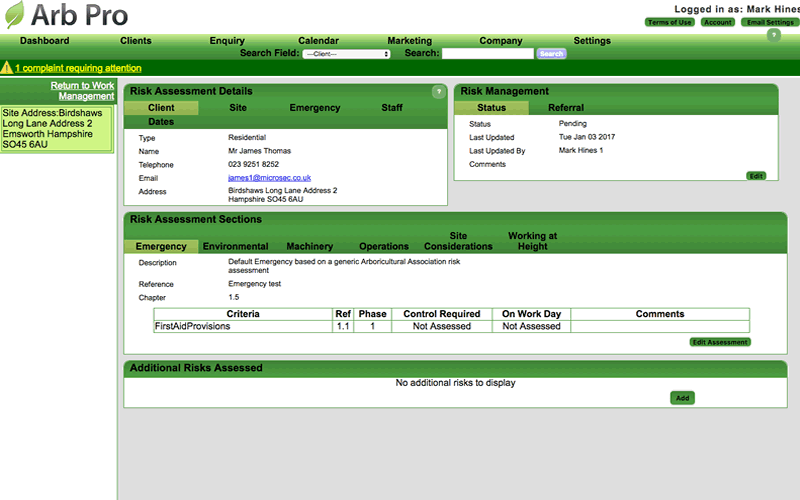 Trades Pro Office risk assessments screen